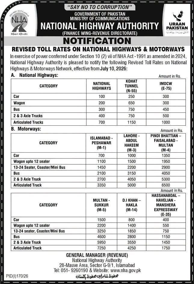 NHA announces updated motorway toll charges for cars, buses, wagons, and trucks across major motorway routes.
Featured image showing Pakistan motorway toll plaza with revised toll tax notification issued by the National Highway Authority.