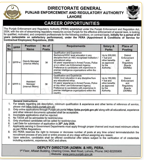 PERA Lahore career opportunities in internal affairs and law enforcement roles