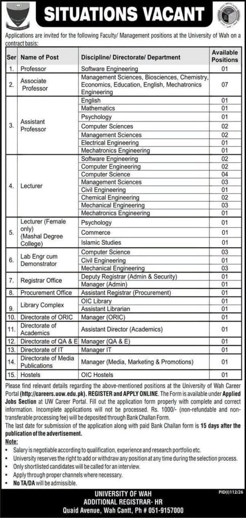 University of Wah Jobs 2026 Advertisement
