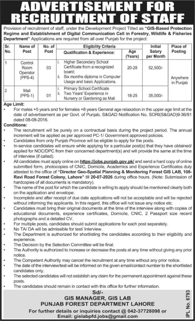 Job advertisement for GIS based forest protection and digital monitoring system recruitment in Punjab government department
