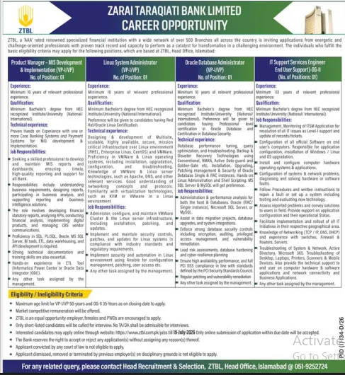 Zarai Taraqiati Bank Limited career opportunities for Linux, Oracle and MIS professionals